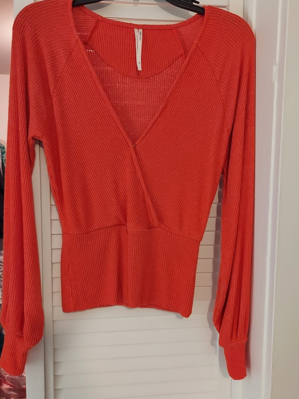 Anthropologie Ribbed Surplice Long-Sleeve Top - Coral Orange